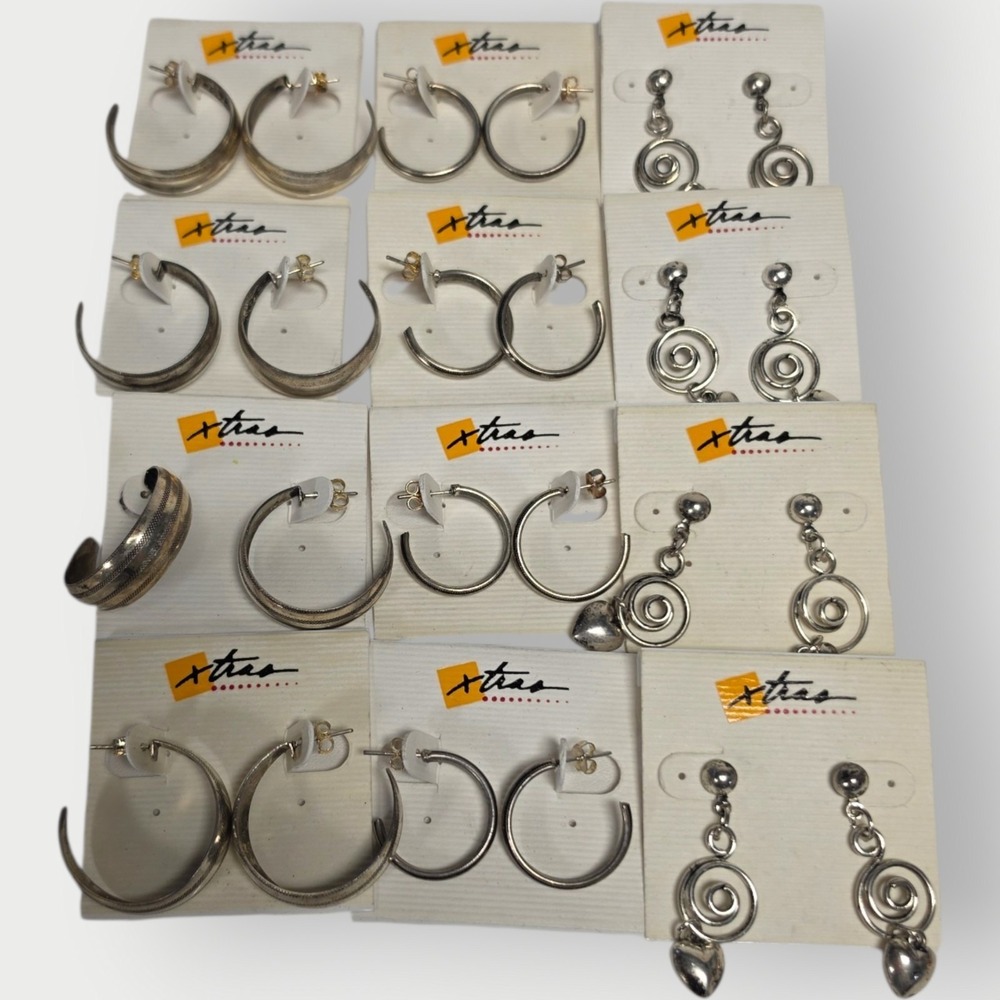NEW Lot of 12 Vintage Silver Tone Earrings old Stock Dangle Hoop Pierced Stud